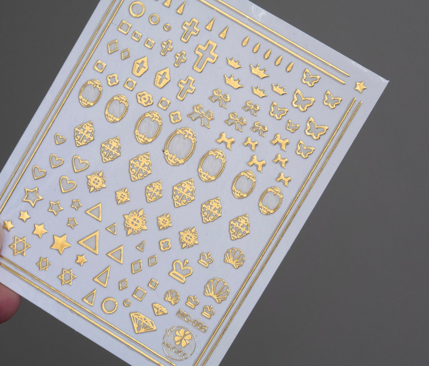 Gold Nail Art Sticker/ Cross Butterfly Frame Heart Triangle Bow Tie Shell Sticker/ Peel off easy to apply Nail Polish Stationary