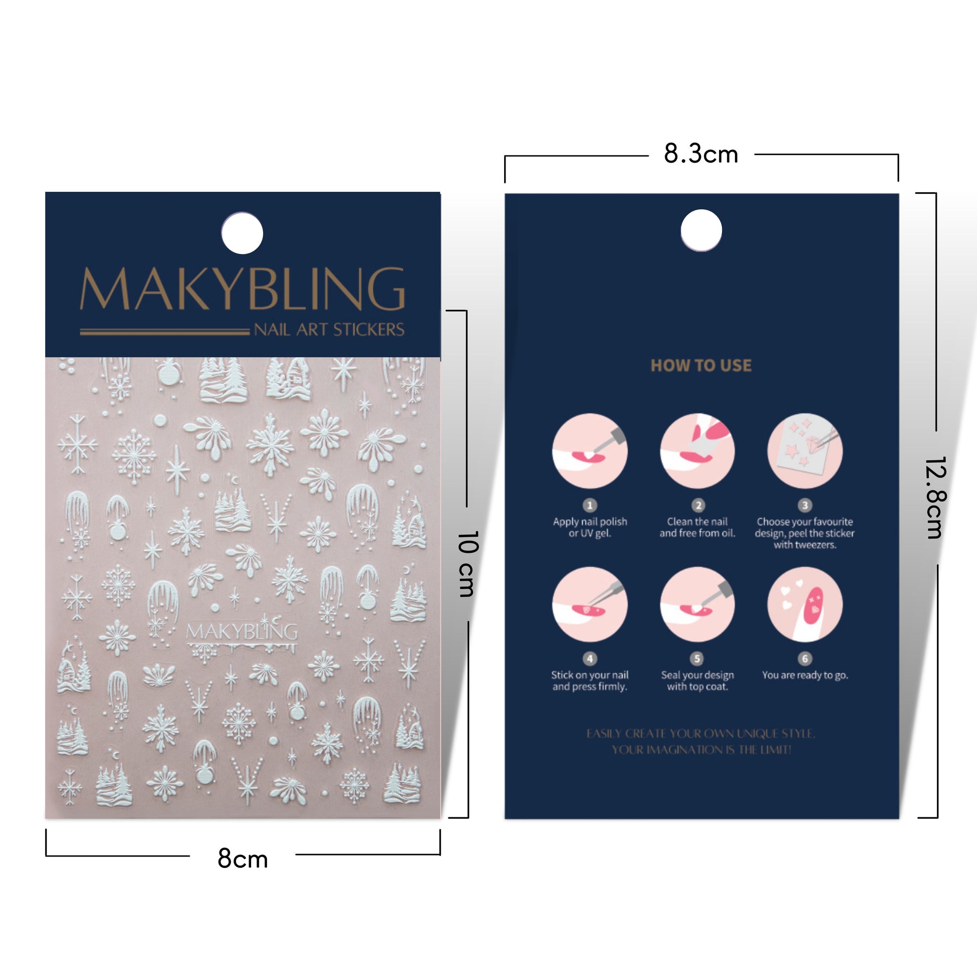 Winter Snow Flake White Nail Art Stickers Self Decals/ Christmas 3D Embossed Textured Peel off Nails Sticker