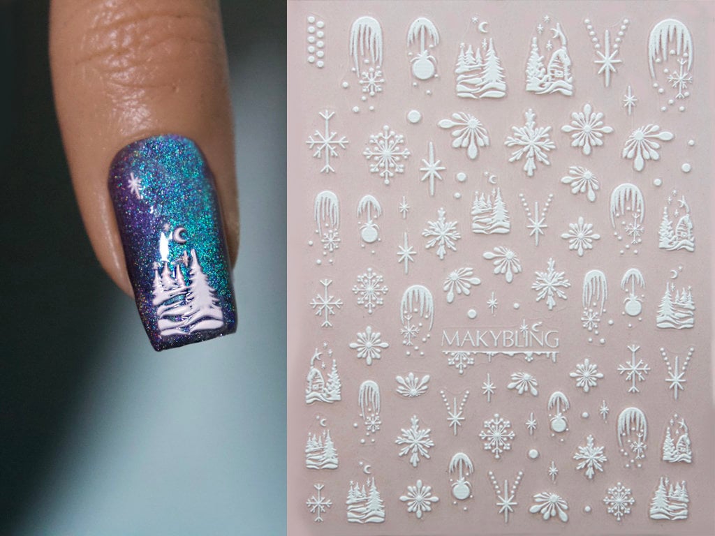 Winter Snow Flake White Nail Art Stickers Self Decals/ Christmas 3D Embossed Textured Peel off Nails Sticker