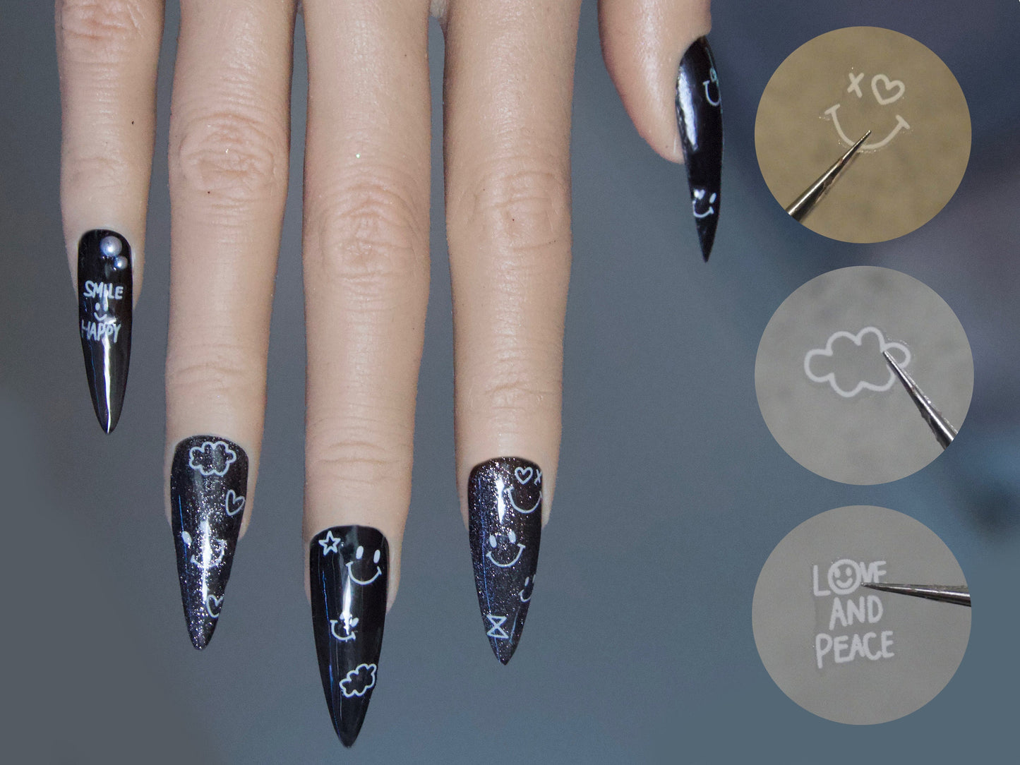 White Smile face Nail Art Sticker/ Smily Kawaii DIY Tips Stickers/ Cloud heart sticker/ Peace Nail art sticker smiling face
