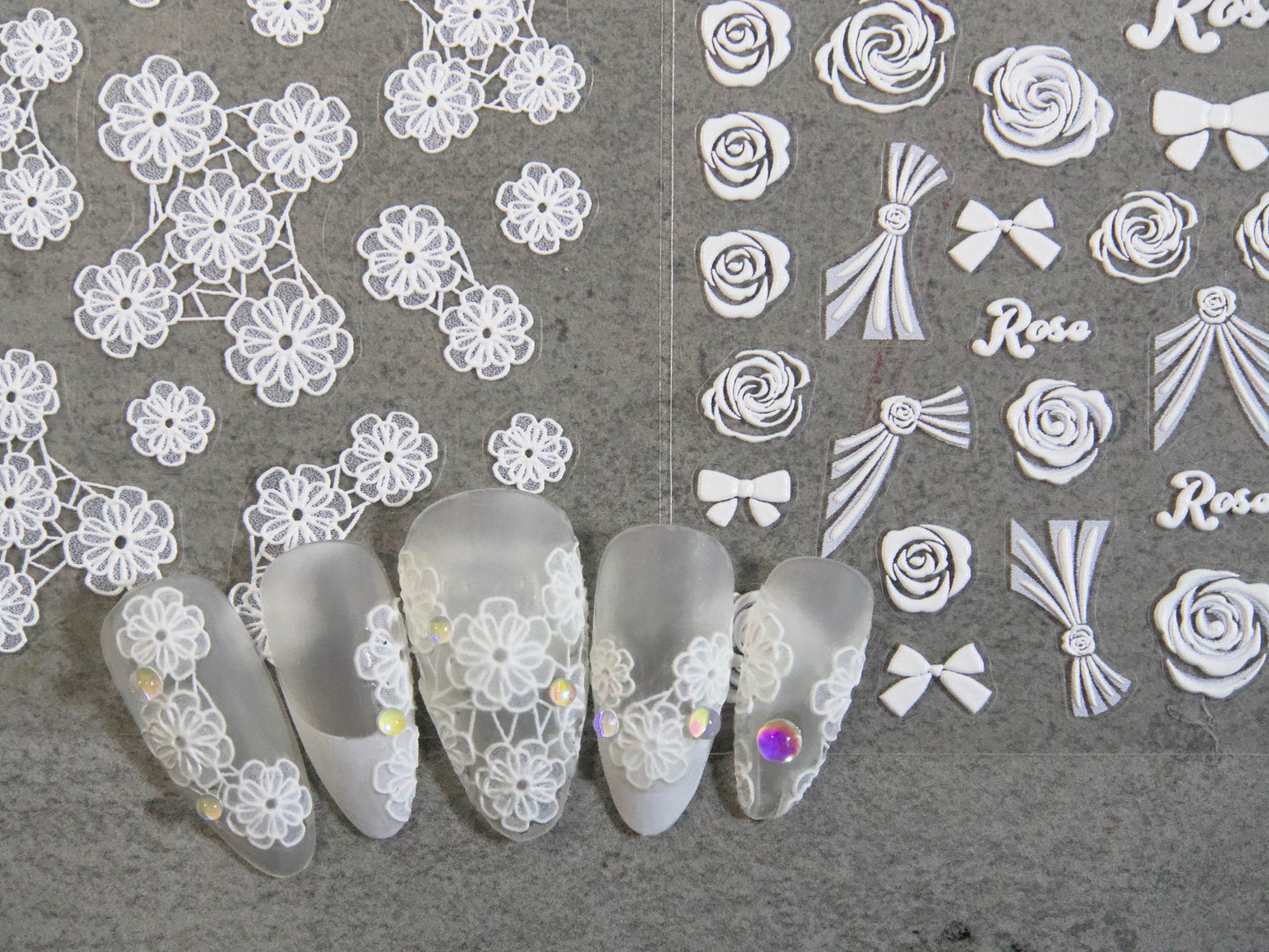 Bridal Wedding White Floral Lace 3D Embossed Nail Stickers/ Bridal Rose Laces Bow tie Peel off stencils/ Matte Finished Adhesive Sticker
