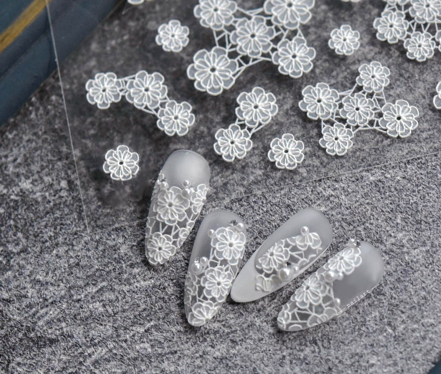 Bridal Wedding White Floral Lace 3D Embossed Nail Stickers/ Bridal Rose Laces Bow tie Peel off stencils/ Matte Finished Adhesive Sticker