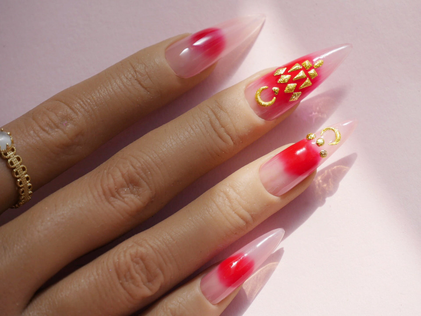 Mixed golden nail deco/ dust surface geometry Metallic dull polish studs