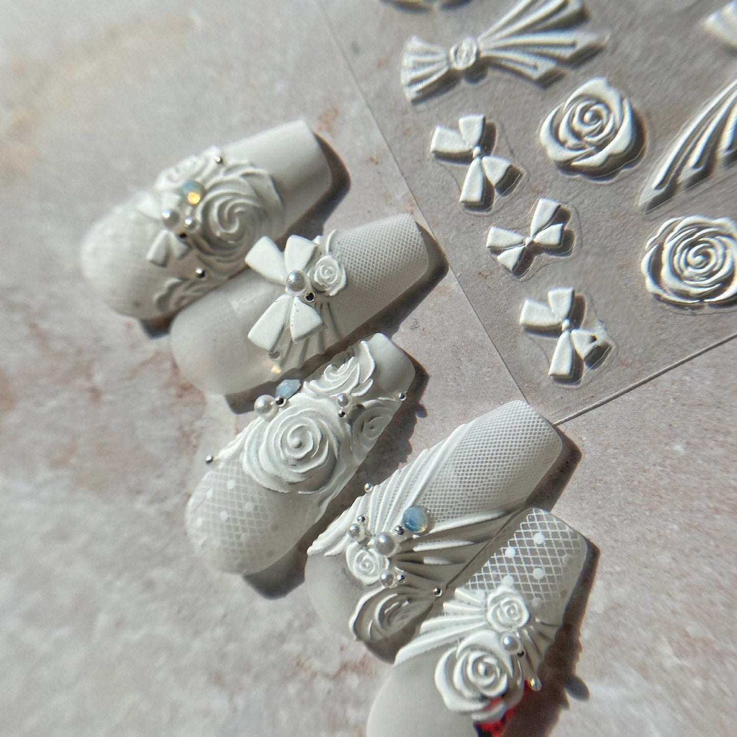 Bridal Wedding White Floral Lace 3D Embossed Nail Stickers/ Bridal Rose Laces Bow tie Peel off stencils/ Matte Finished Adhesive Sticker