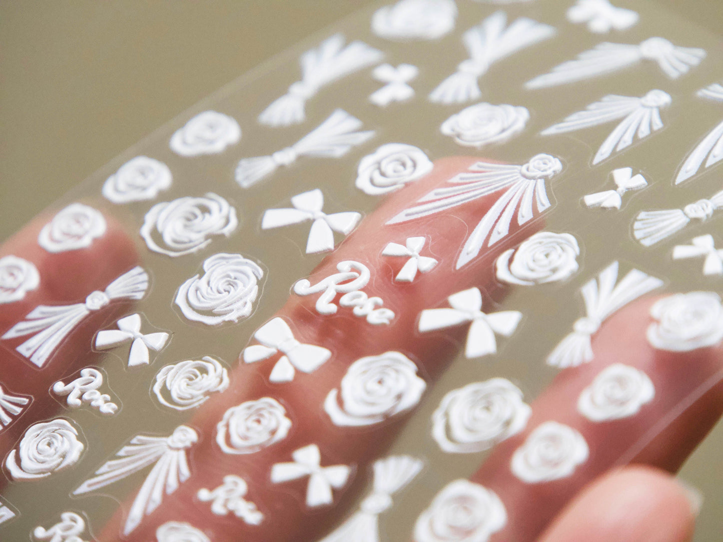 Bridal Wedding White Floral Lace 3D Embossed Nail Stickers/ Bridal Rose Laces Bow tie Peel off stencils/ Matte Finished Adhesive Sticker
