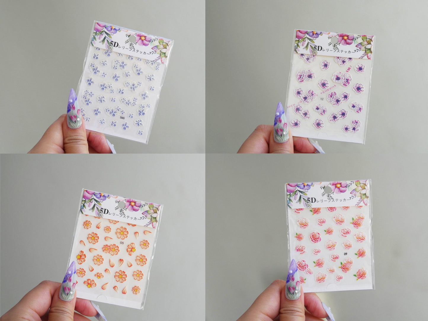 5D Flower Series Embossed nail sticker/Peel off 3D Floral Nail adhesive/Lavender, sakura, hydrangea, white lace, butterfly, tulip sticker