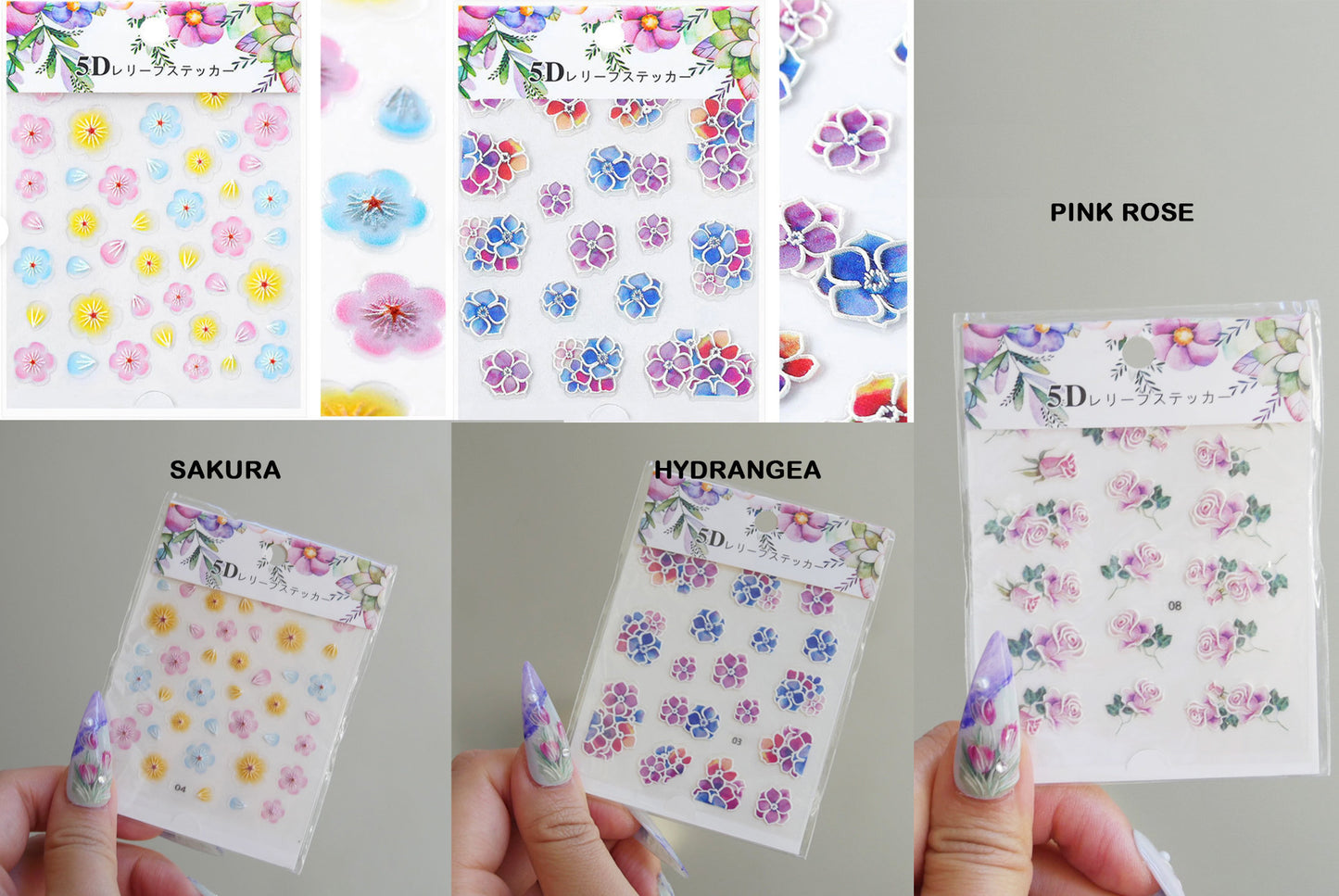5D Flower Series Embossed nail sticker/Peel off 3D Floral Nail adhesive/Lavender, sakura, hydrangea, white lace, butterfly, tulip sticker