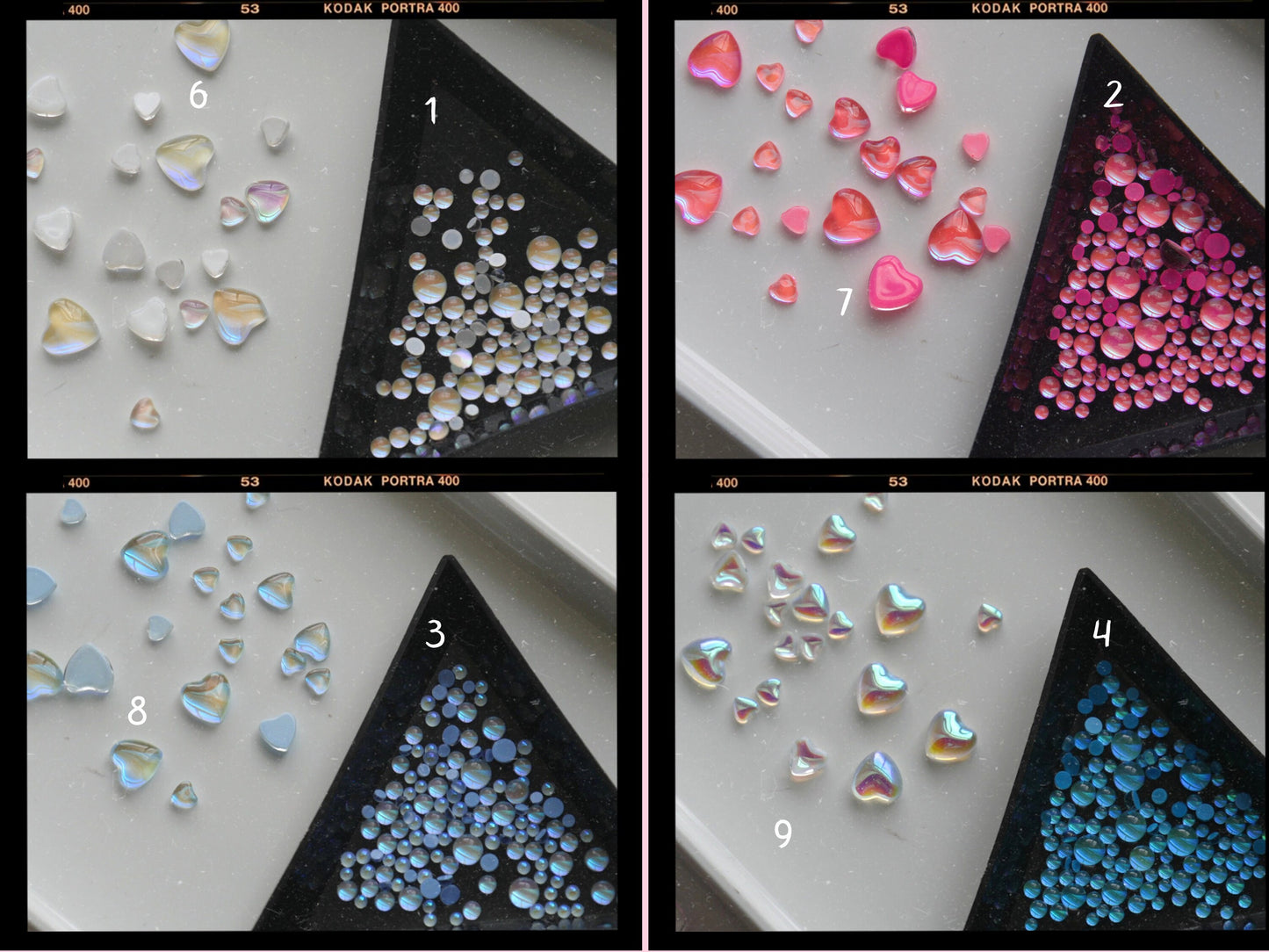 80pcs Polar light Glass Beads Nail Art/ Mixed Semicircular Galaxy Heart pearls nail art charm / Luminous Mocha light-catching semi bead