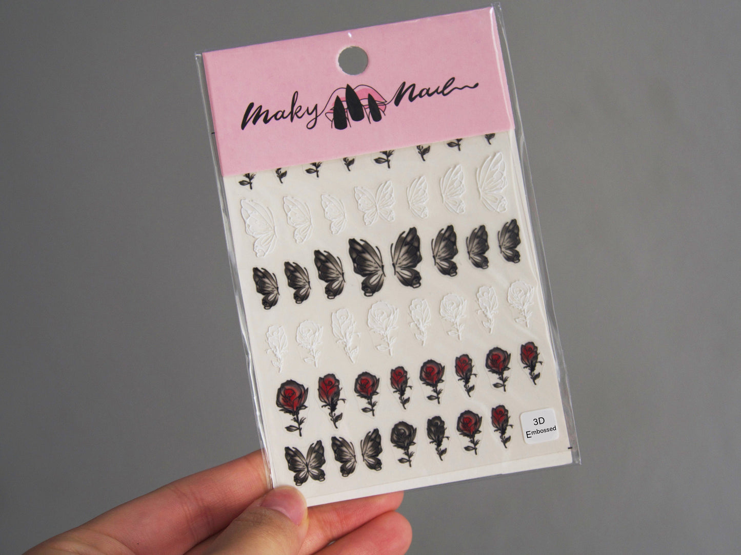 Butterfly & Rose Nail sticker/ Bloody Roses Nail Art Decals/ 3D Embossed Black White Spread Half Wings Butterflies Peel Off Stencil tatoo