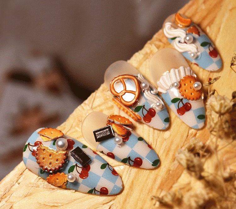 Afternoon Tea Foodie nail sticker/Cookie Chocolates Sweets Self Adhesive Decals/3D Ultra Thin peel off Strawberry Lemon Cherry Fruits Nails