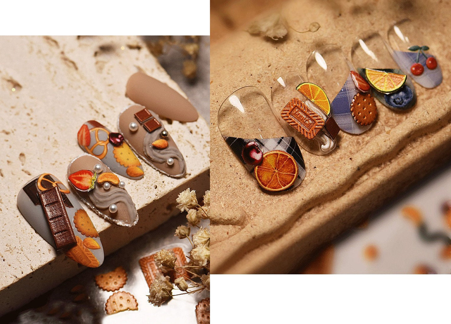 Afternoon Tea Foodie nail sticker/Cookie Chocolates Sweets Self Adhesive Decals/3D Ultra Thin peel off Strawberry Lemon Cherry Fruits Nails