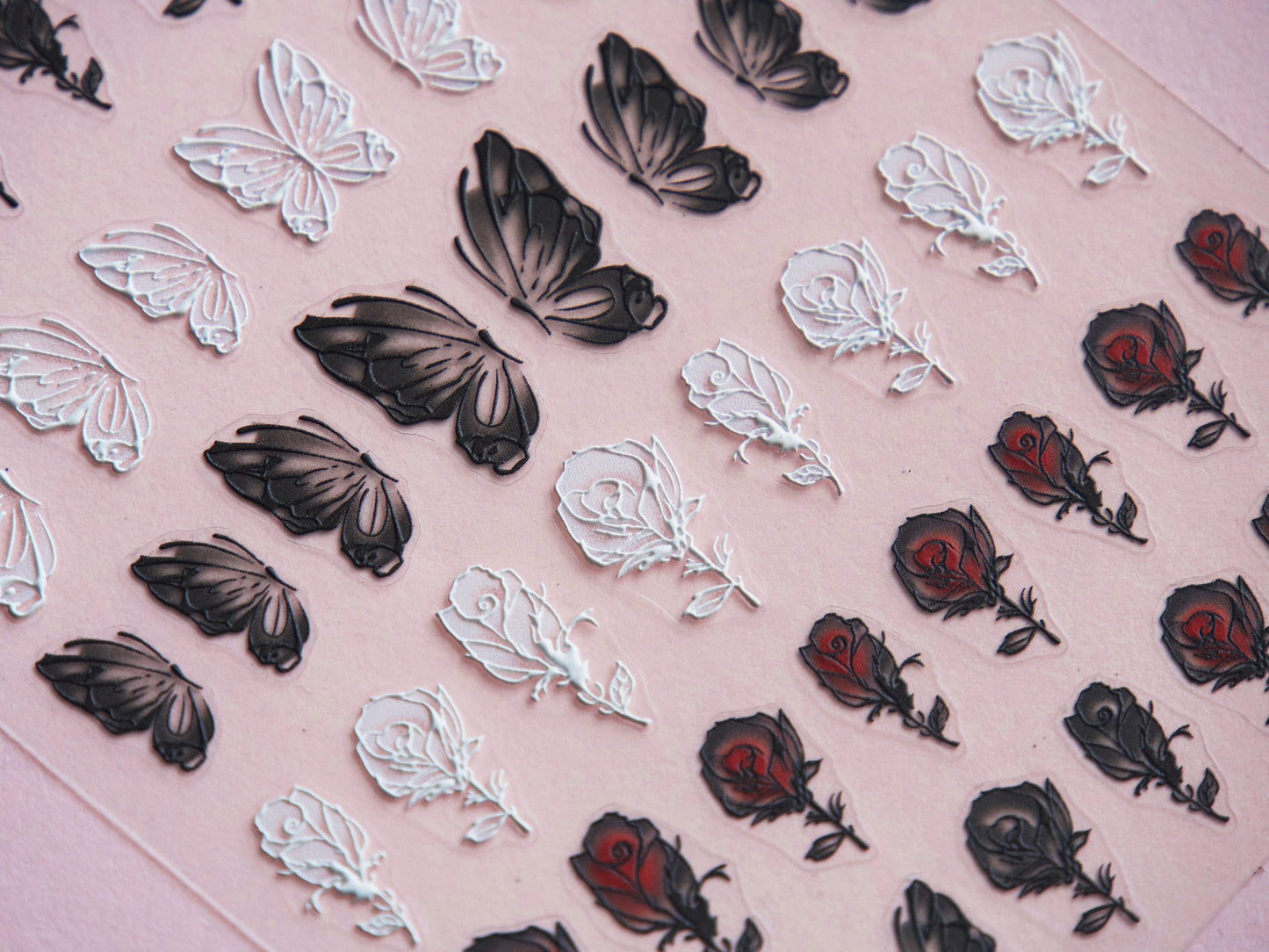Butterfly & Rose Nail sticker/ Bloody Roses Nail Art Decals/ 3D Embossed Black White Spread Half Wings Butterflies Peel Off Stencil tatoo