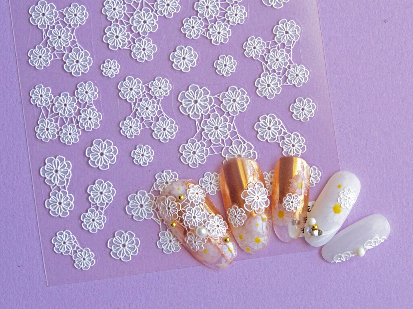 Bridal Wedding White Floral Lace 3D Embossed Nail Stickers/ Bridal Rose Laces Bow tie Peel off stencils/ Matte Finished Adhesive Sticker