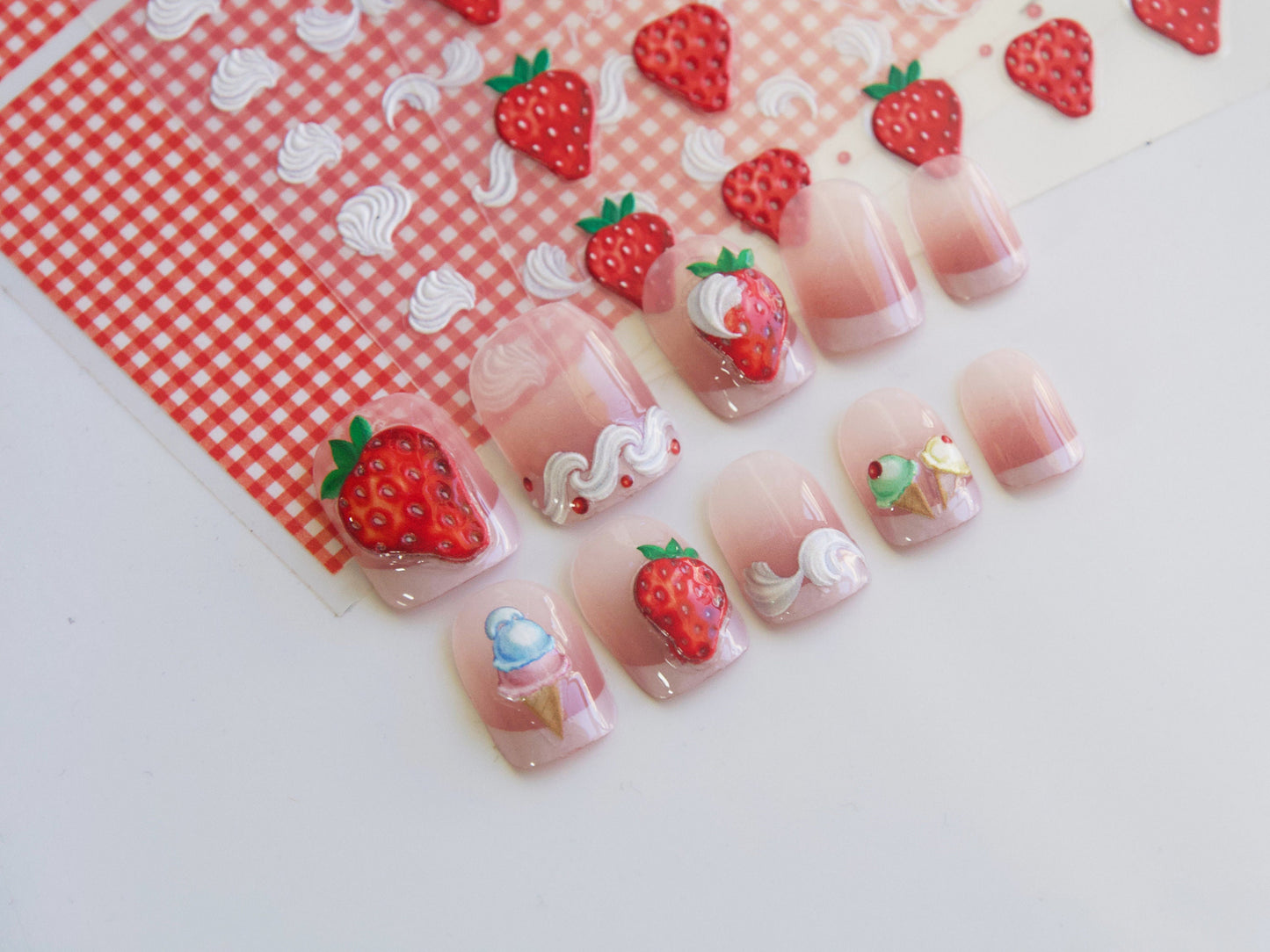 5D Strawberry Nail sticker/Ice-cream Red Grids 3D nail Cream Sweets Self Adhesive Decals/Embossed Ultra Thin peel off Strawberries stickers