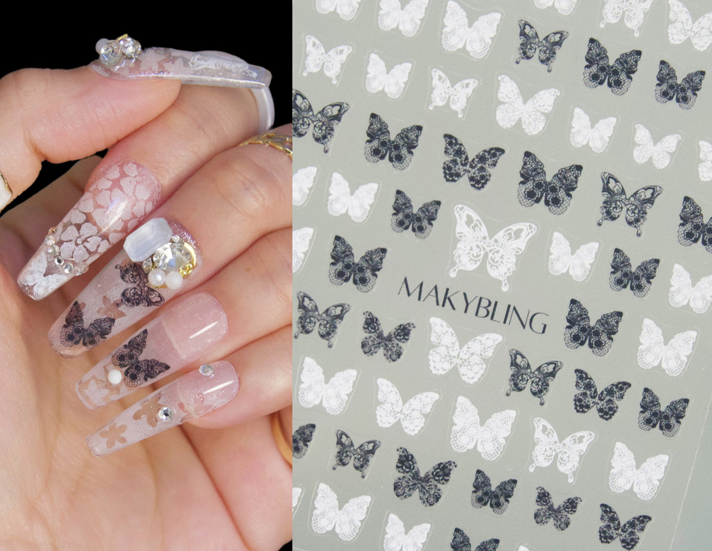 Butterfly lace nail sticker/Ultra thin Black&white Butterflies Nail Art Stickers Self Adhesive Decals/UV gel Polish Bridal Wedding theme