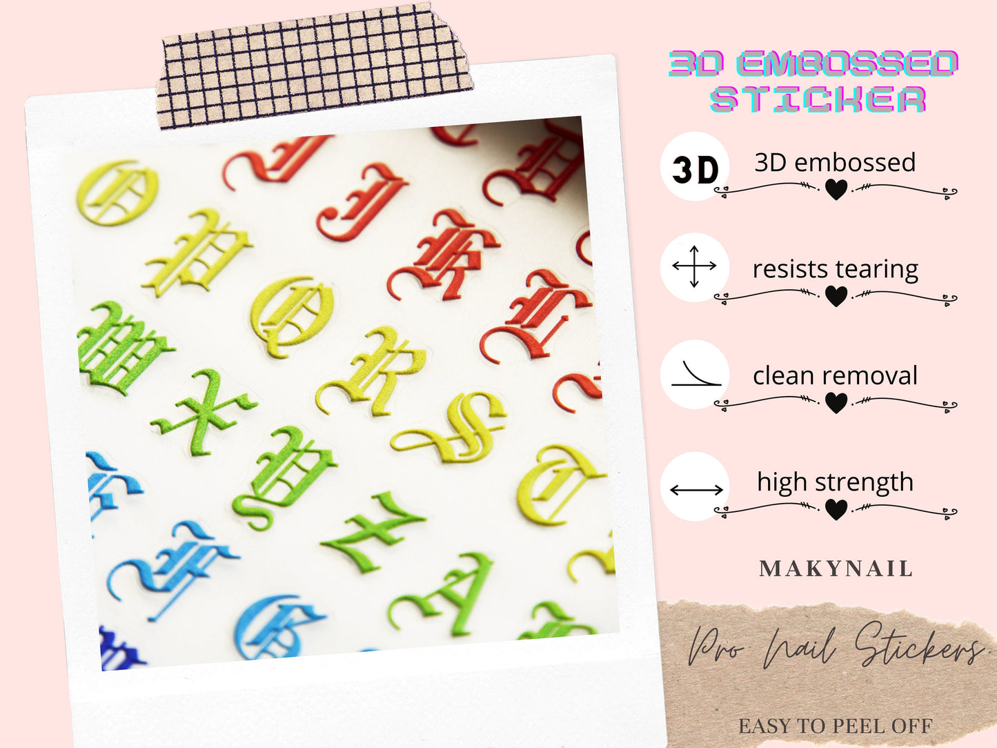 Gothic Script Colorful Nail Art Stickers Decals/ 3D Embossed Gothic minuscule Hand Writing holographic Retro Letters Alphabet Letters