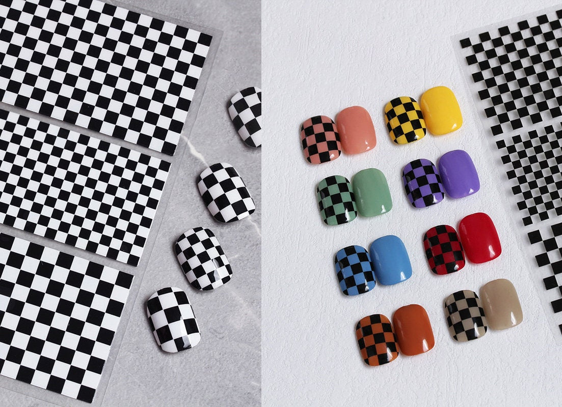 Black and White Checkered Plaid Pattern Nail Art Sticker/ Square Grids Peel Off Tips Stickers/ Black Clear Check Nail Decal Supply