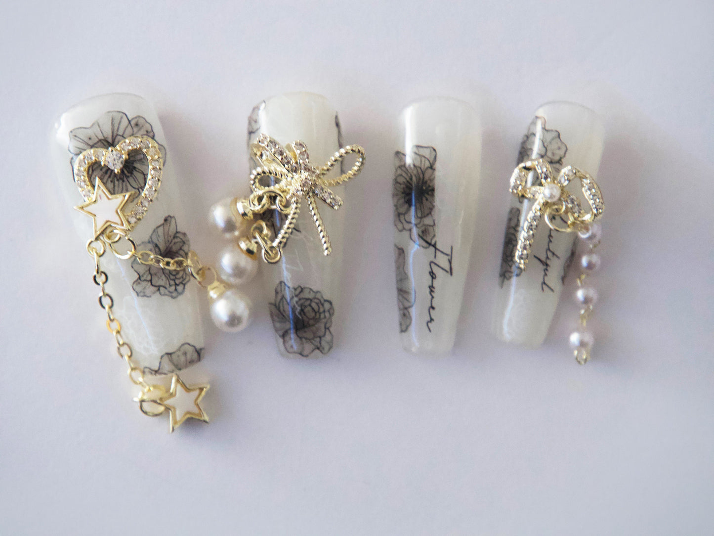 Bow tie Nail Jewelry Gold Chain with Pearls 3D Zircon nails ornament Decal