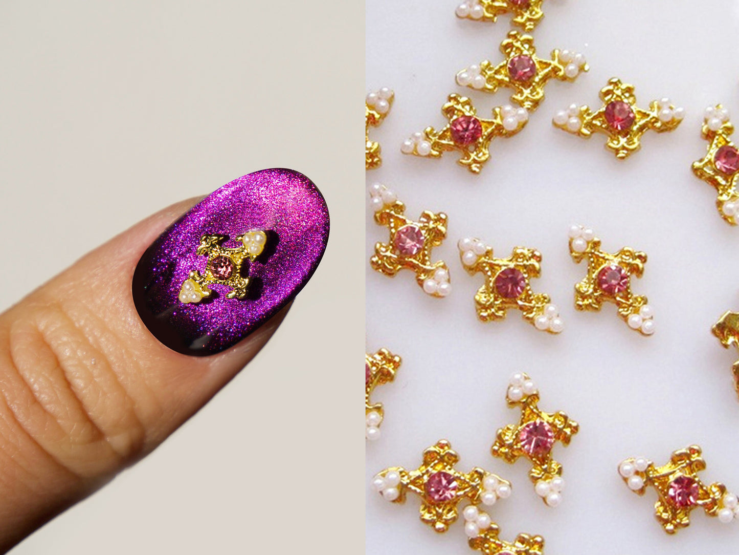 2pcs 18k gold plated Pink Zircon Pearl Cross Nail Decals/ Gold Christian Dainty Nail DIY Deco/ Charm Nail supplier nail art