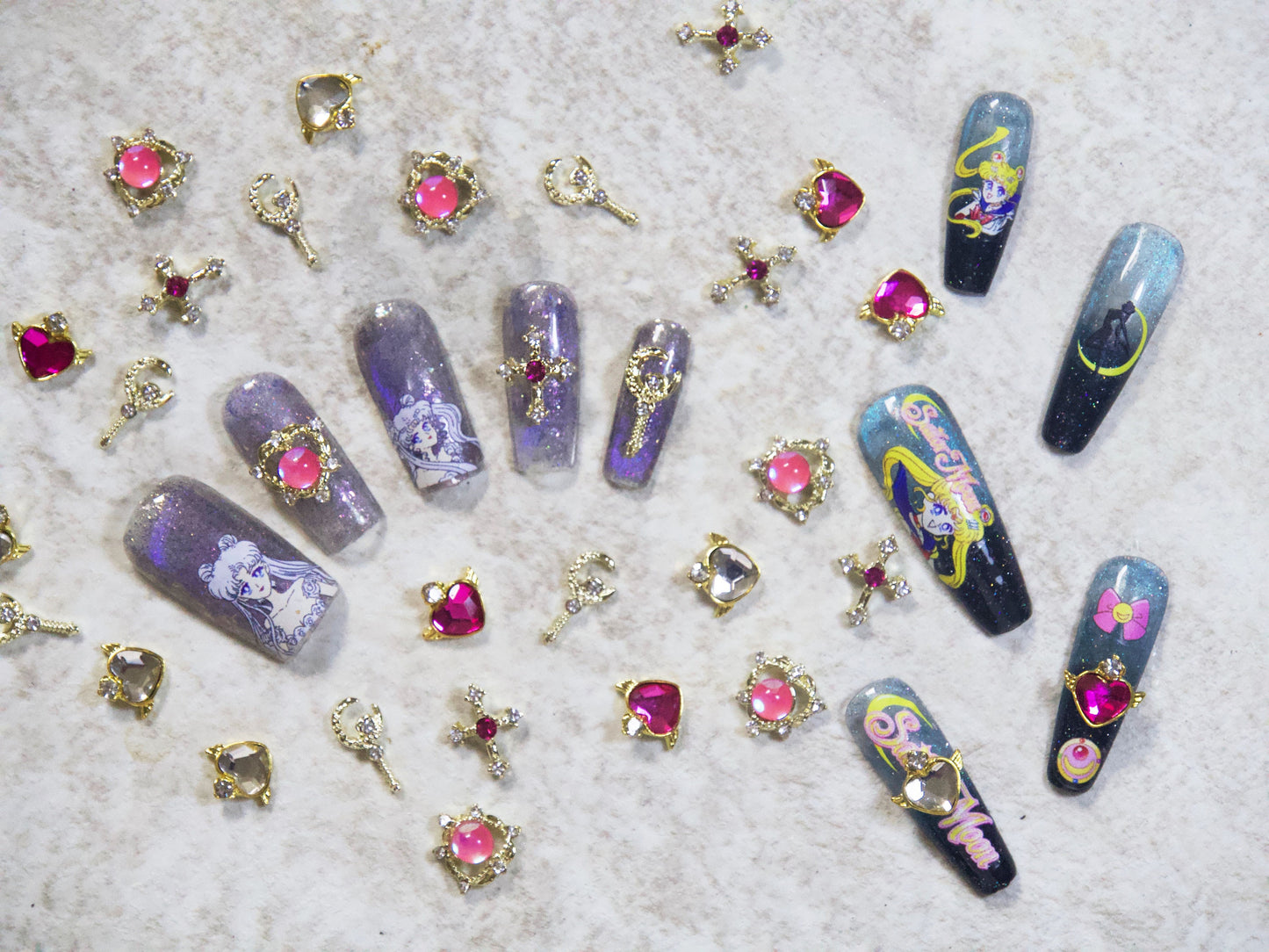 2pcs Heart Wings Moon Cross Nail Decal/ Sailor Moon Gacha Spiral Heart Magical Rod Wand Japanese nail Charms/ Pink Clear Hearts Wing Decals