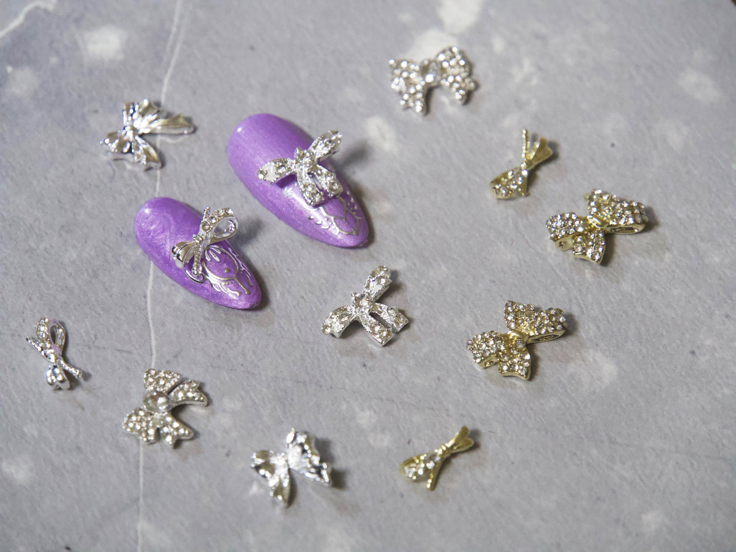 2 pcs Bowknot Nail Studs / Gold Silver with Zircon Bow tie charm Nail Design Nail Art/ Ribbon tie Manicure Nail supply nail polish