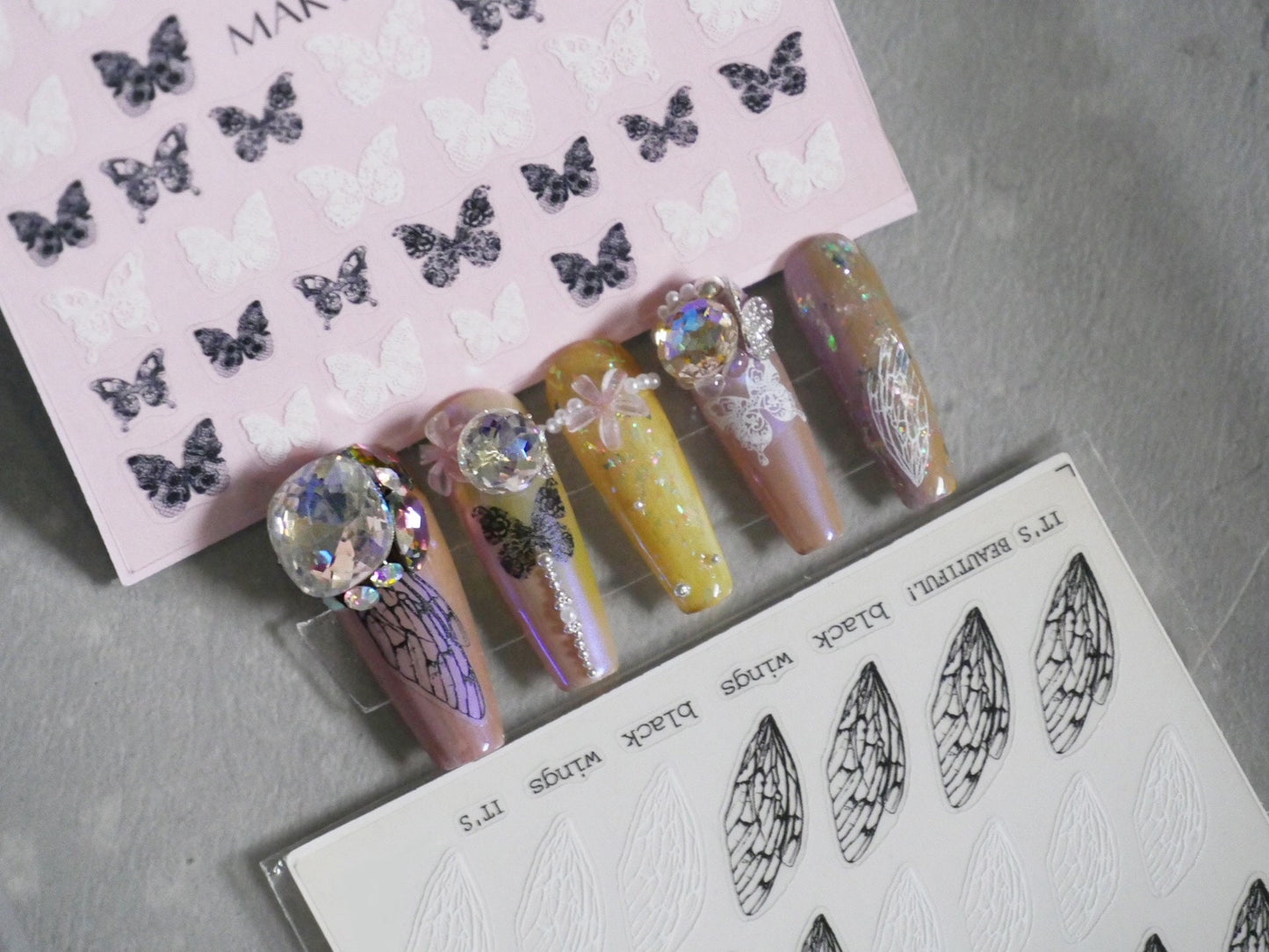 Butterfly lace nail sticker/Ultra thin Black&white Butterflies Nail Art Stickers Self Adhesive Decals/UV gel Polish Bridal Wedding theme