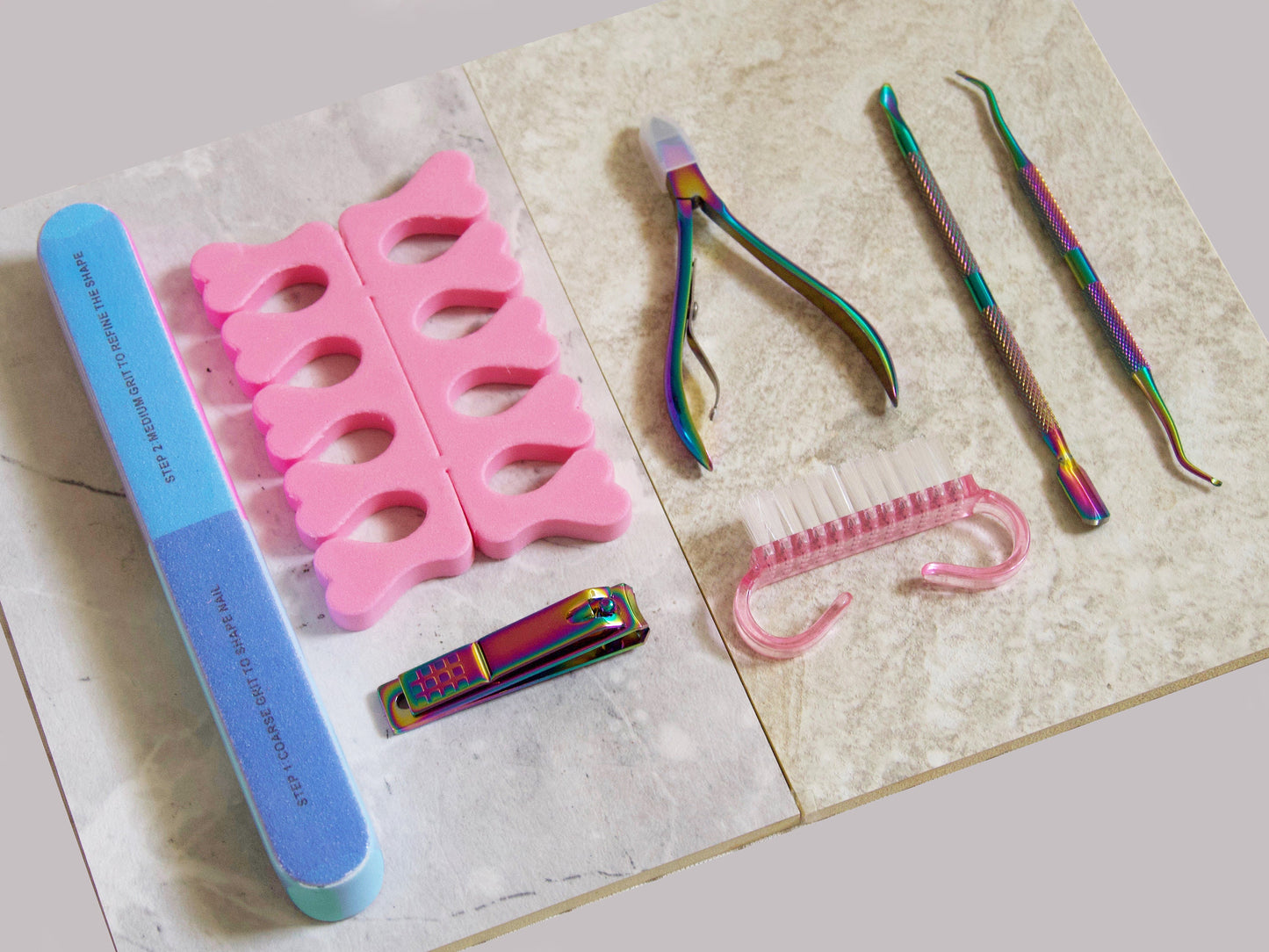 7pc Nail Care Tool Kit/ Cuticle Nippers, Cuticle Pusher, Nail Brush, Clipper, Buffer, Trimmer, Toe Separator for Manicure and Pedicure