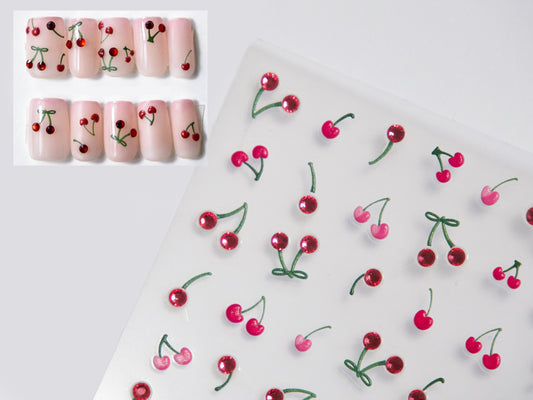 Red Cherry Fruity Nail Art Sticker/ 3D fruits DIY Tips Guides peel off  Stickers/Rhinestone Cherries Yellow Banana fruit nail decal