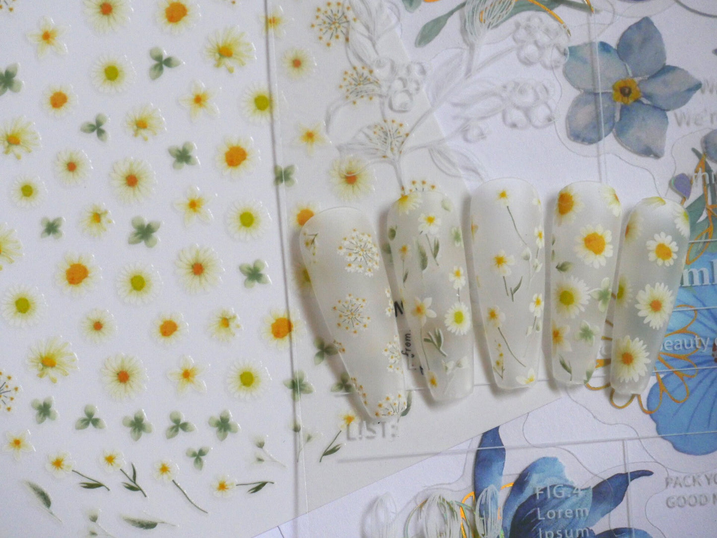 Dandelion & Daisy flower Nail Art Sticker/ Queen Anne's Lace Peel off daisies Stickers/ Chrysanthemum Oxeye leaf Bouquet Blossom Sticker