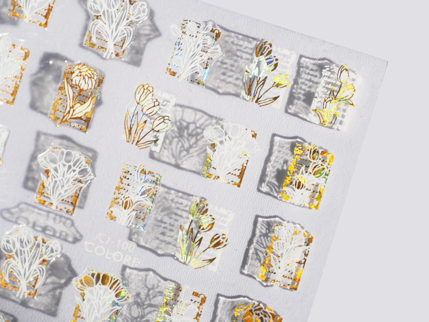 Flower Halo Gold Framed Nail Sticker/ Iridescent Tulip Floral Nail Art Stickers Self Adhesive Decals/ Black White Peel off sticker Manicure