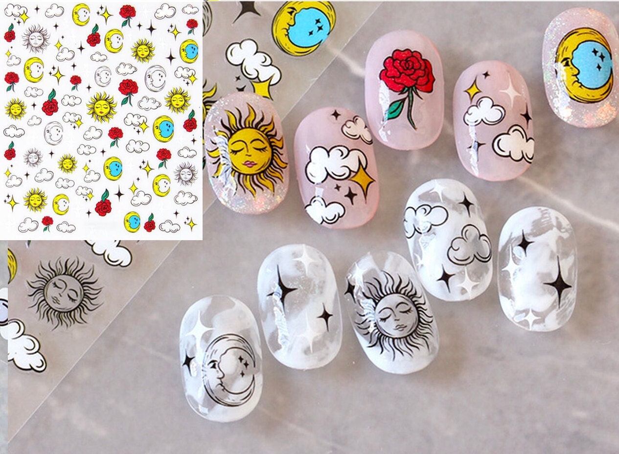 Kawaii Doodle Nail Stickers/ Cloud Sun Moon Smile Happy Smiley Rainbow Nail Art Stickers Self Adhesive Decals