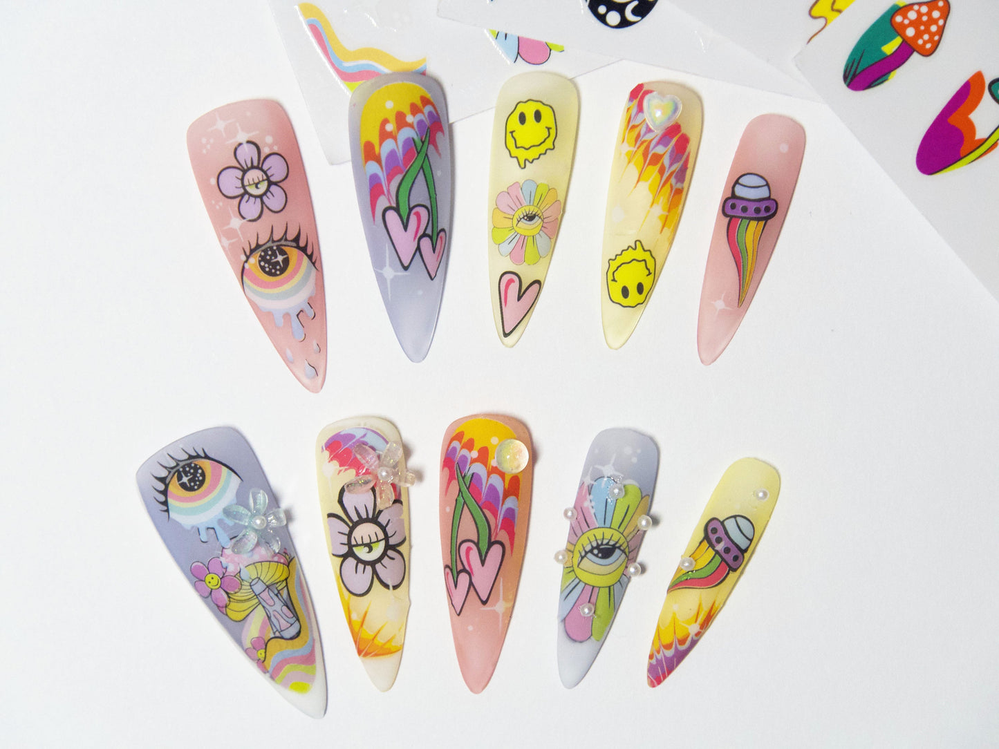 Mushroom Evil Eye Spiritual Nail Sticker/ Rainbow Floral Melted Face Vivid Peel off Nail Art Stickers/ Hallucinogenic Mushrooms Manicure