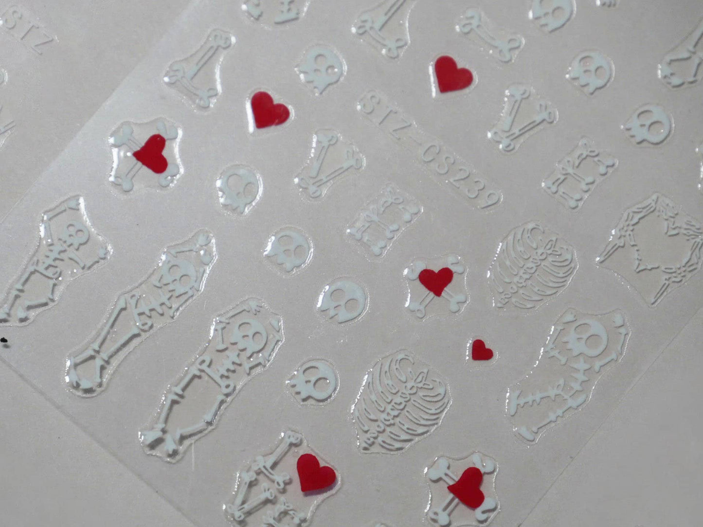 White Skull Bone & Heart Nail Sticker/ Skeleton Love Red Hearts Bones Skulls Nail Art Stickers/ Halloween Horror Party nail decals