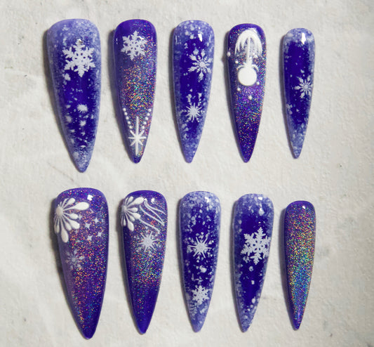 Navy Blue Rainbow Cat Eye Effect Winter Snow Flakes Customized Press on Nail for Christmas