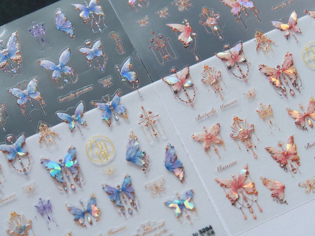 Morpho Reflective Butterfly Chandelier Nail sticker/ Seashell Iridescent Dazzling Rainbow Hue Vintage Princess 3D Stickers for Nails Art