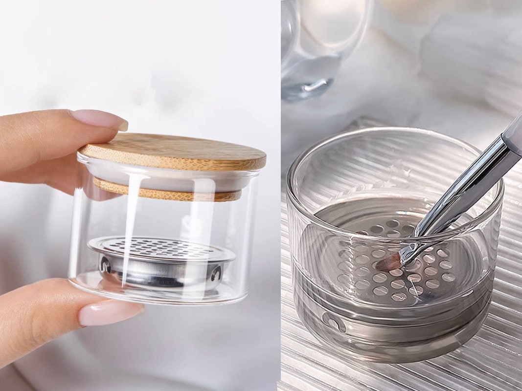 Steel Strainer Brush Cleansing Glass Cup / Nail Brushes Washing Bowl Wood Lid/ Wash off Glitters, Powders, or Gel Remnants Manicure Tool