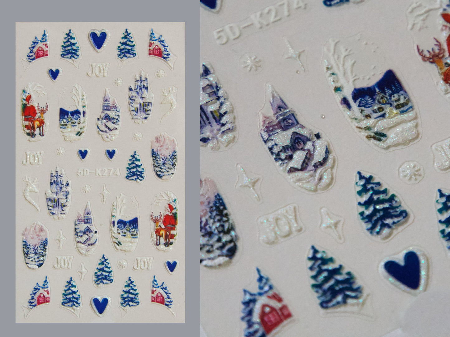 Shiny Glittery Winter Holiday Nail Art Stickers Decals/ Christmas 3D Textured Snow-Covered Cottages Sticker/ Wonderland New Year nail Decals