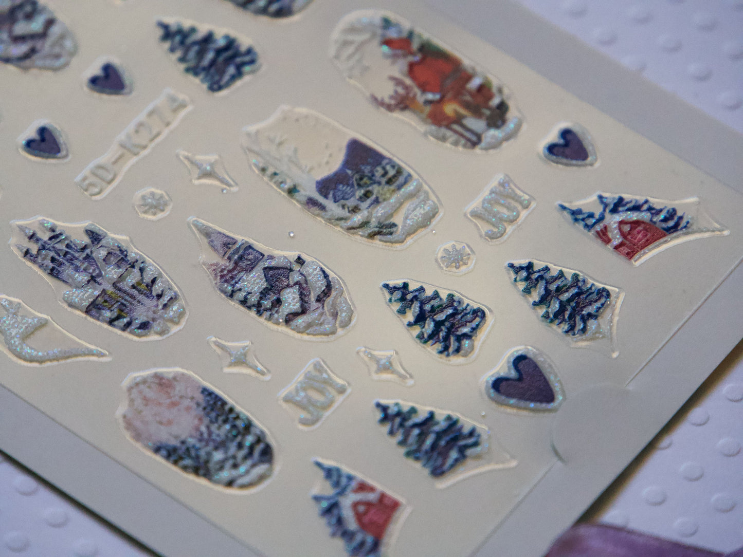 Shiny Glittery Winter Holiday Nail Art Stickers Decals/ Christmas 3D Textured Snow-Covered Cottages Sticker/ Wonderland New Year nail Decals