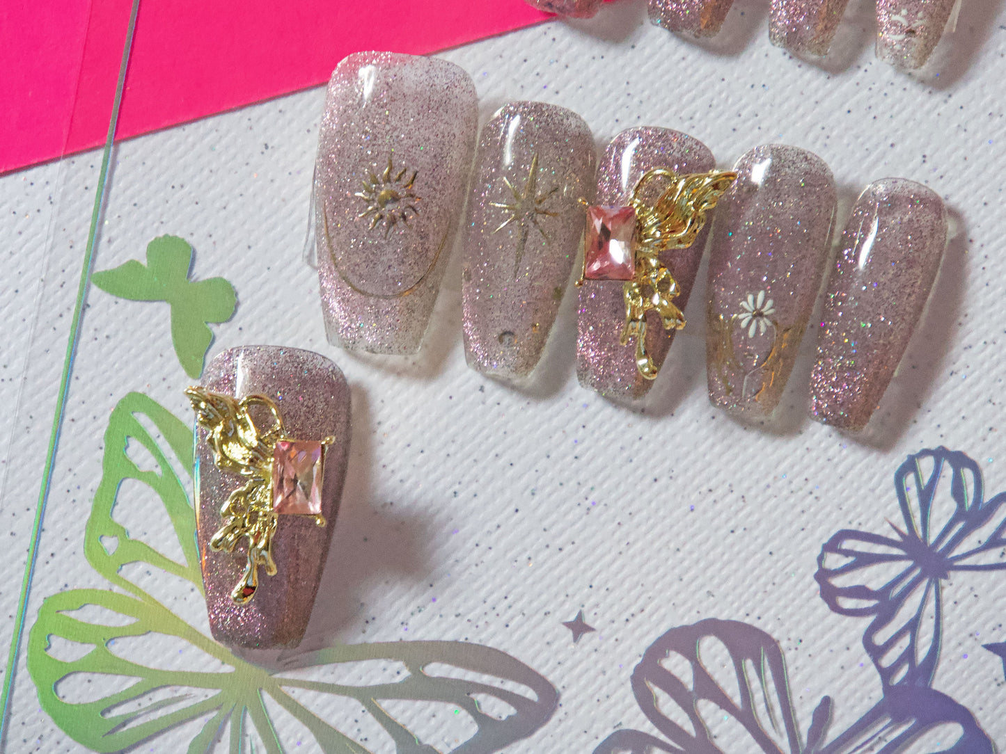 1 pair Gold Spread Wing Butterfly Pink Zircon Nail Decal/ Dainty Half Wing 3D Nail Ornament Nails Decal/ Nail Jewelry Elegant Manicure