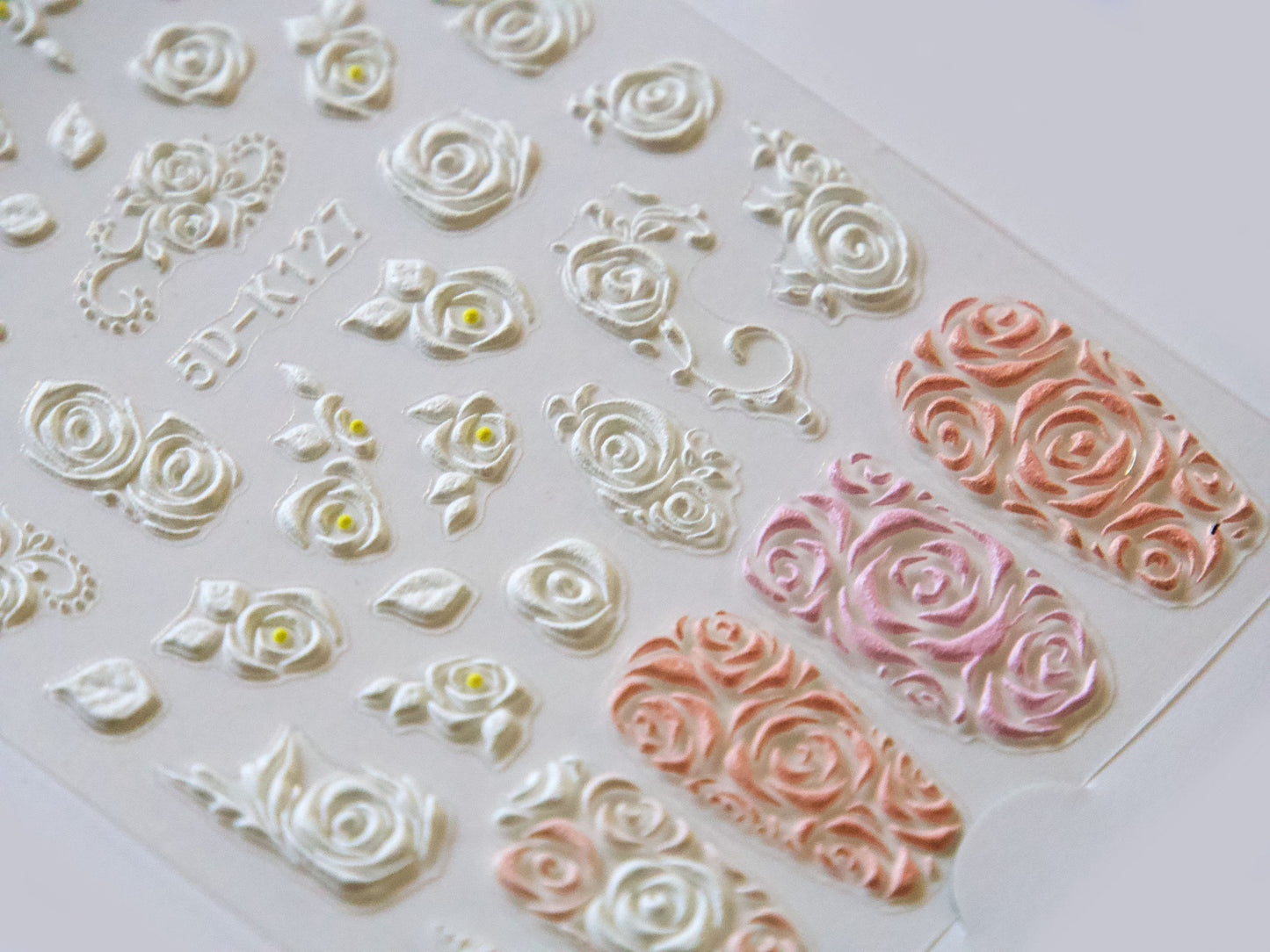 5D Carved Embossing Rose Nail Art Stickers Decals/ Bridal Pink White 3D Textured Floral Sticker/ Elegant Romantic Peel off Easy Manicure