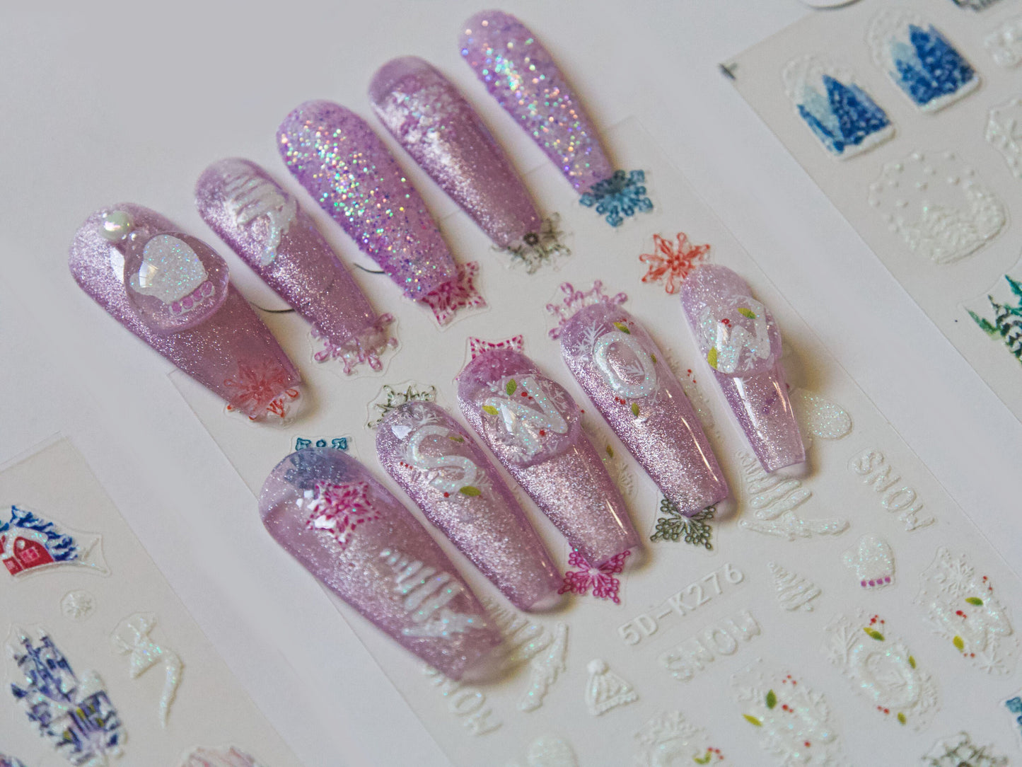 Shiny Glittery Winter Holiday Nail Art Stickers Decals/ Christmas 3D Textured Snow-Covered Cottages Sticker/ Wonderland New Year nail Decals