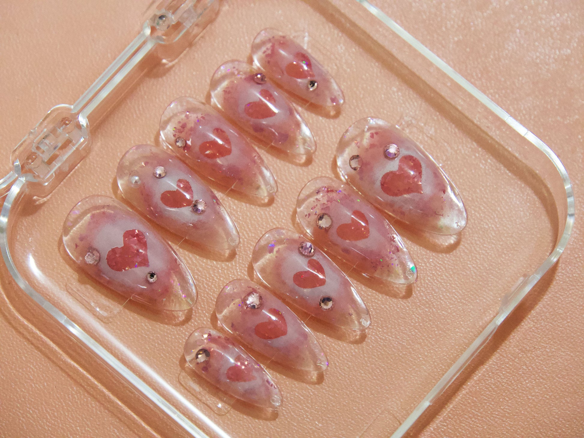 Pink Glittery Heart-shaped Valentine's Day Almond Shape Nails Customized Press on Nail
