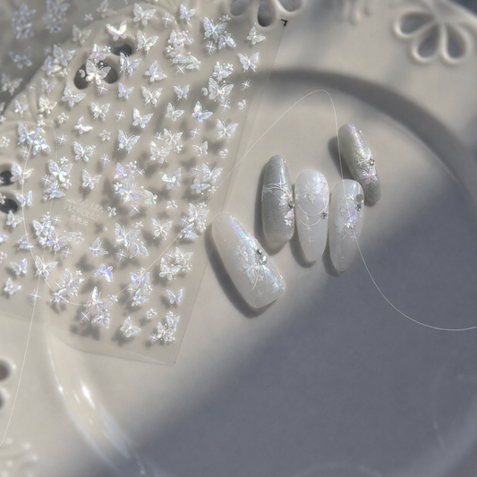 3D Iridescent Butterfly Bow Nail Art Stickers: White Ribbon Decals