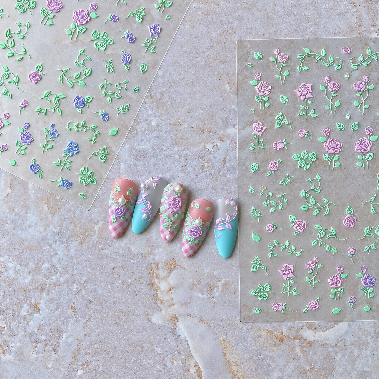 Ombre 3D Embroidered Rose Nail Stickers Vintage Botanical Flower Embossed Lace Floral Vine Nail Decals
