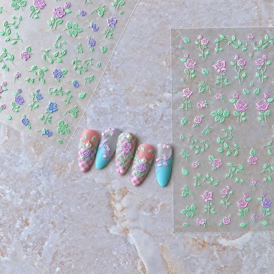 Ombre 3D Embroidered Rose Nail Stickers Vintage Botanical Flower Embossed Lace Floral Vine Nail Decals