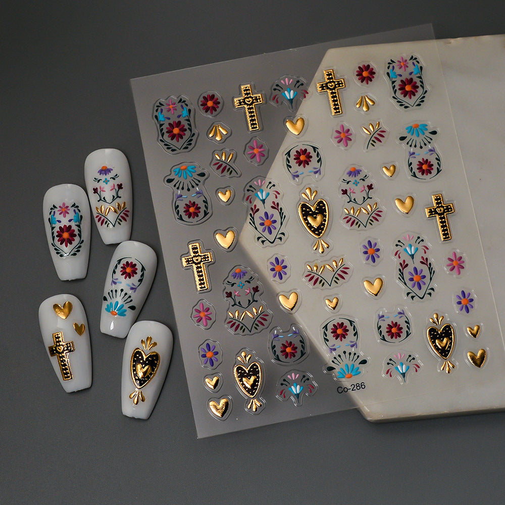 Sacred Heart Cross Nail Stickers, 3D Floral Nail Decals, Gold Religious Nail Art Stickers, Mexican Folk Style Nail Design, Boho Nail Art