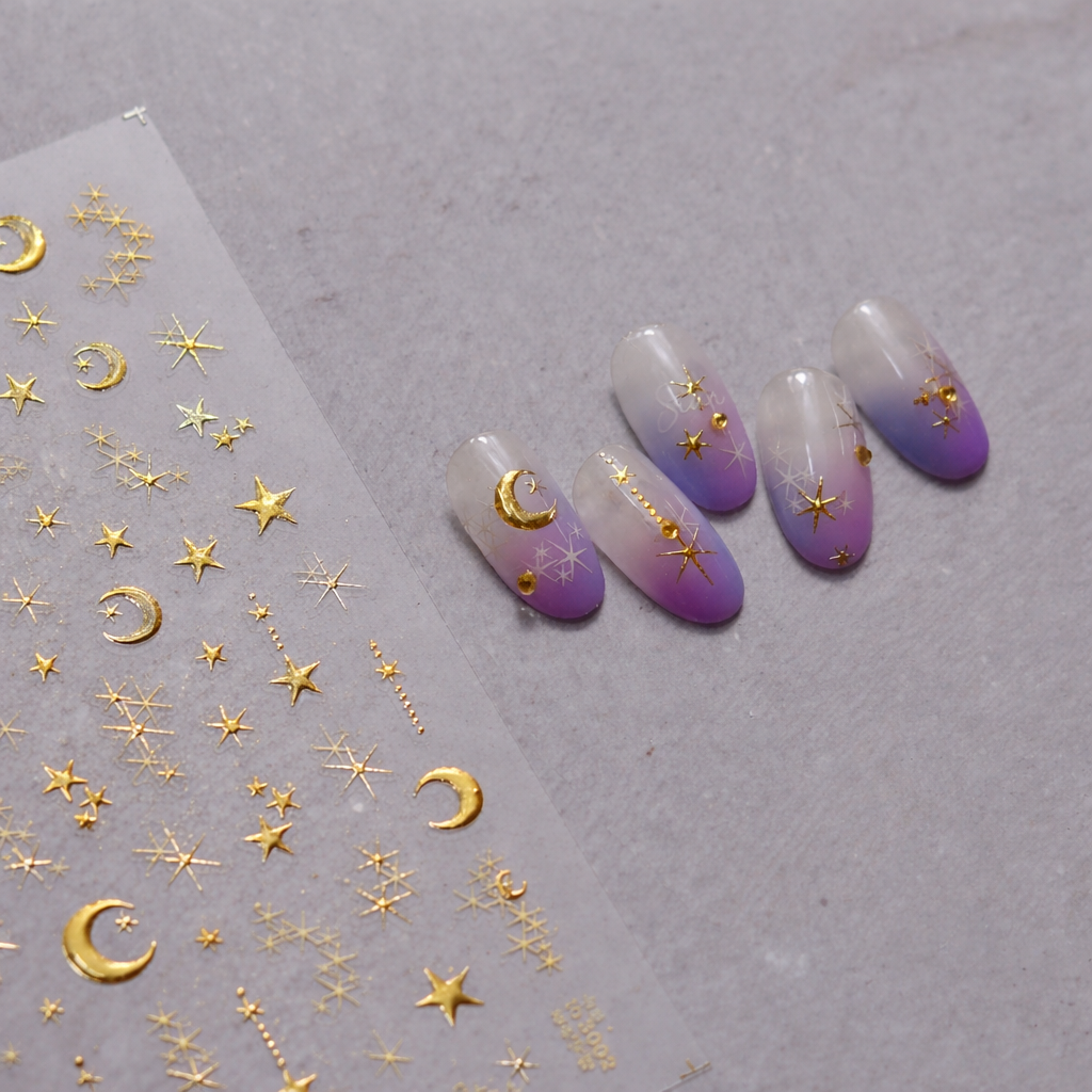 Gold Celestial Nail Stickers, Moon & Star Nail Decals, Galaxy Nail Art Stickers, Purple Planet Nail Design