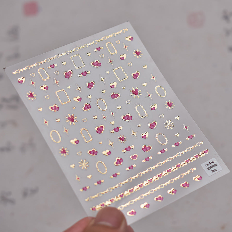 Gold Heart Nail Stickers, 5D Embossed Self-Adhesive Nail Decals, Luxury Romantic Heart Nail Art,