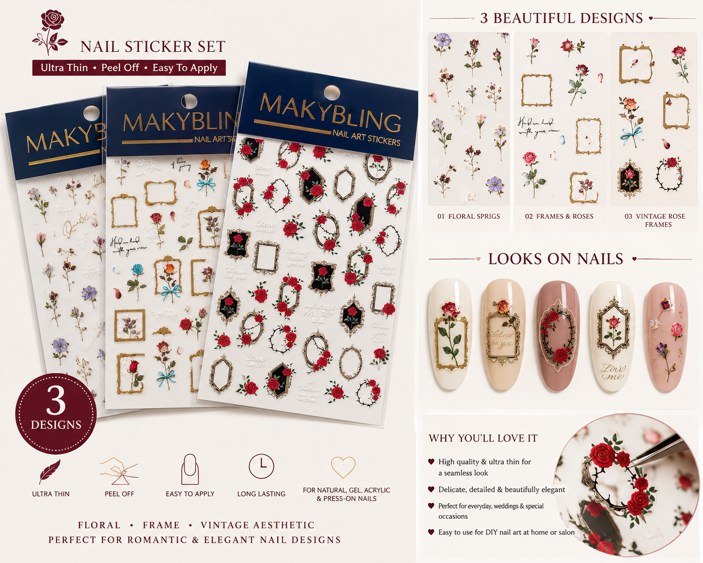 Vintage Rose & Floral Frame Nail Stickers, Gold Frame Flower Nail Art Stickers, Romantic Rose Nail Design