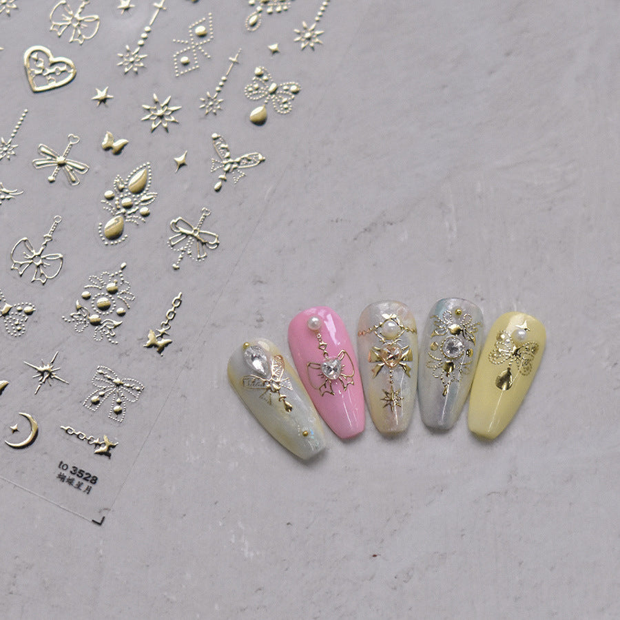 Gold 3D Heart Moon Nail Stickers: Embossed Spiritual Nail Art